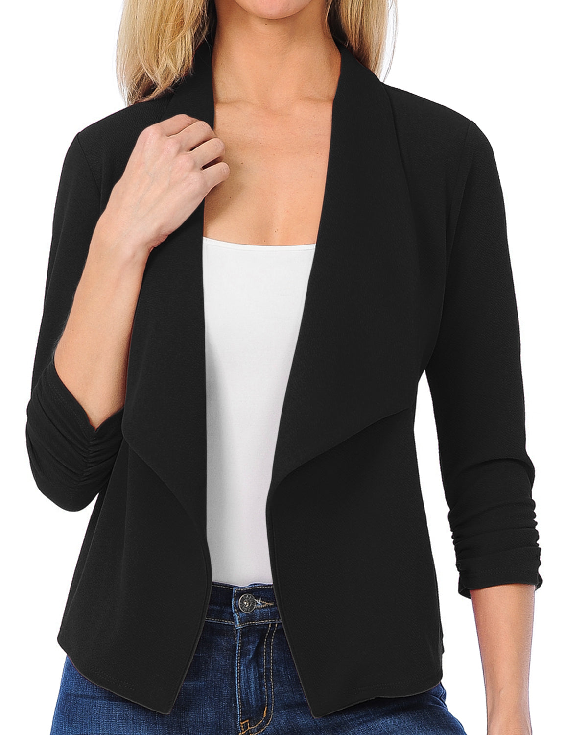 Women's 3/4 Sleeve Blazer Open Front Office Work Cardigan Jacket (S-3XL)