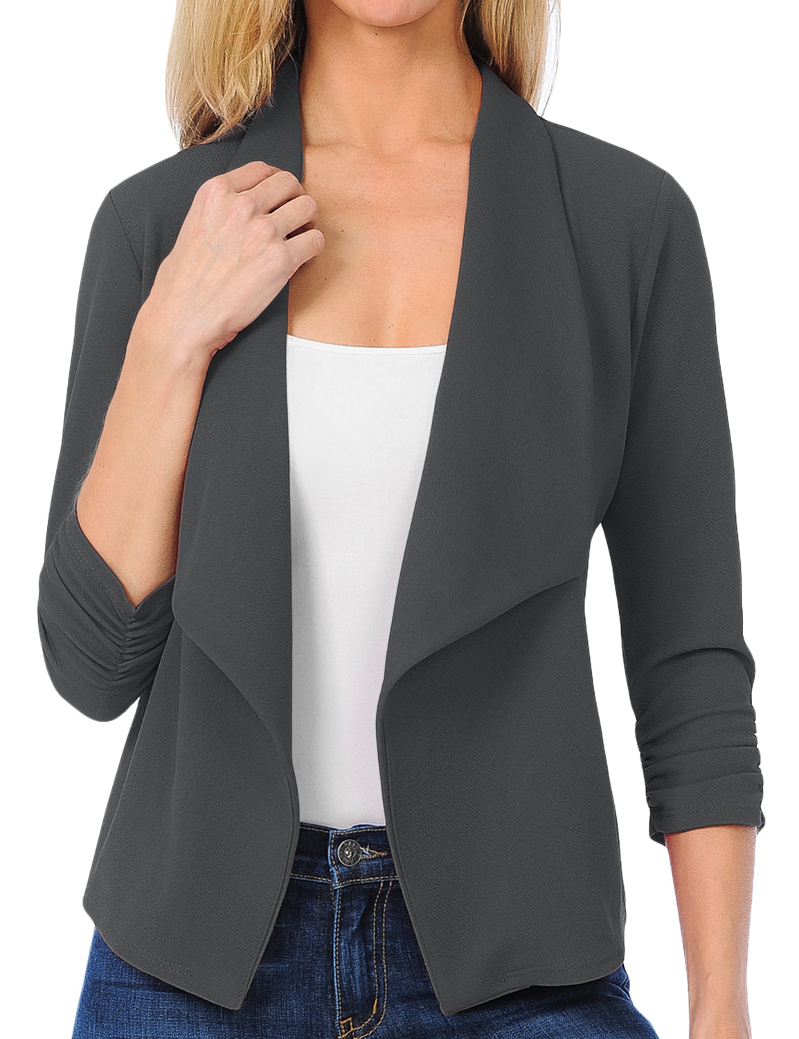 Women's 3/4 Sleeve Blazer Open Front Office Work Cardigan Jacket (S-3XL)