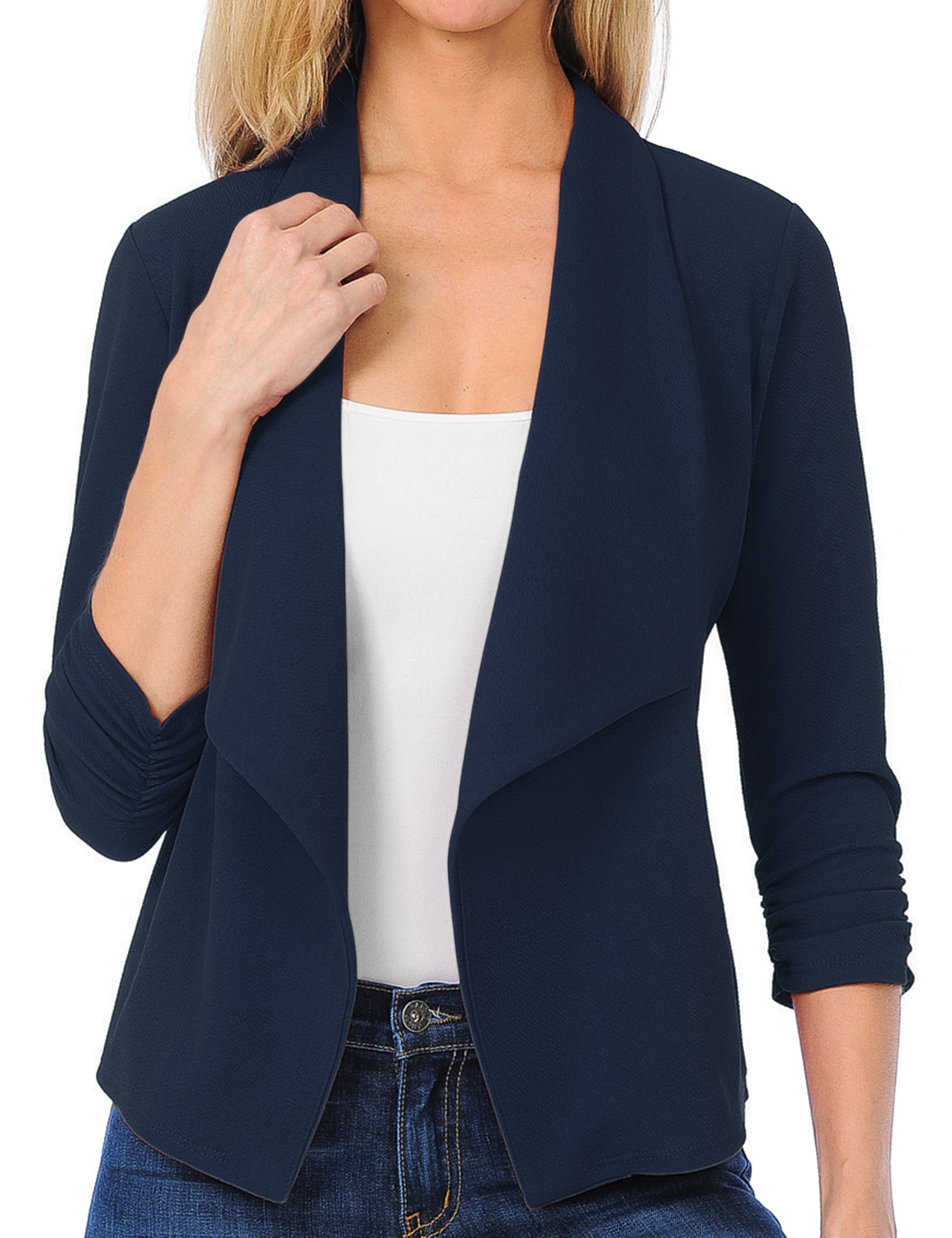 Women's 3/4 Sleeve Blazer Open Front Office Work Cardigan Jacket (S-3XL)