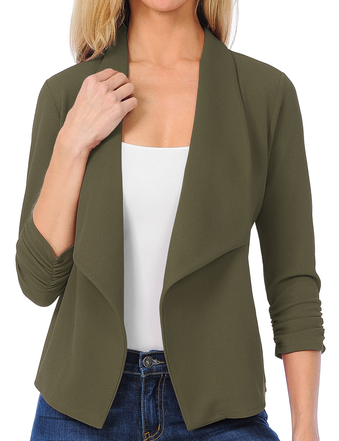Women's 3/4 Sleeve Blazer Open Front Office Work Cardigan Jacket (S-3XL)