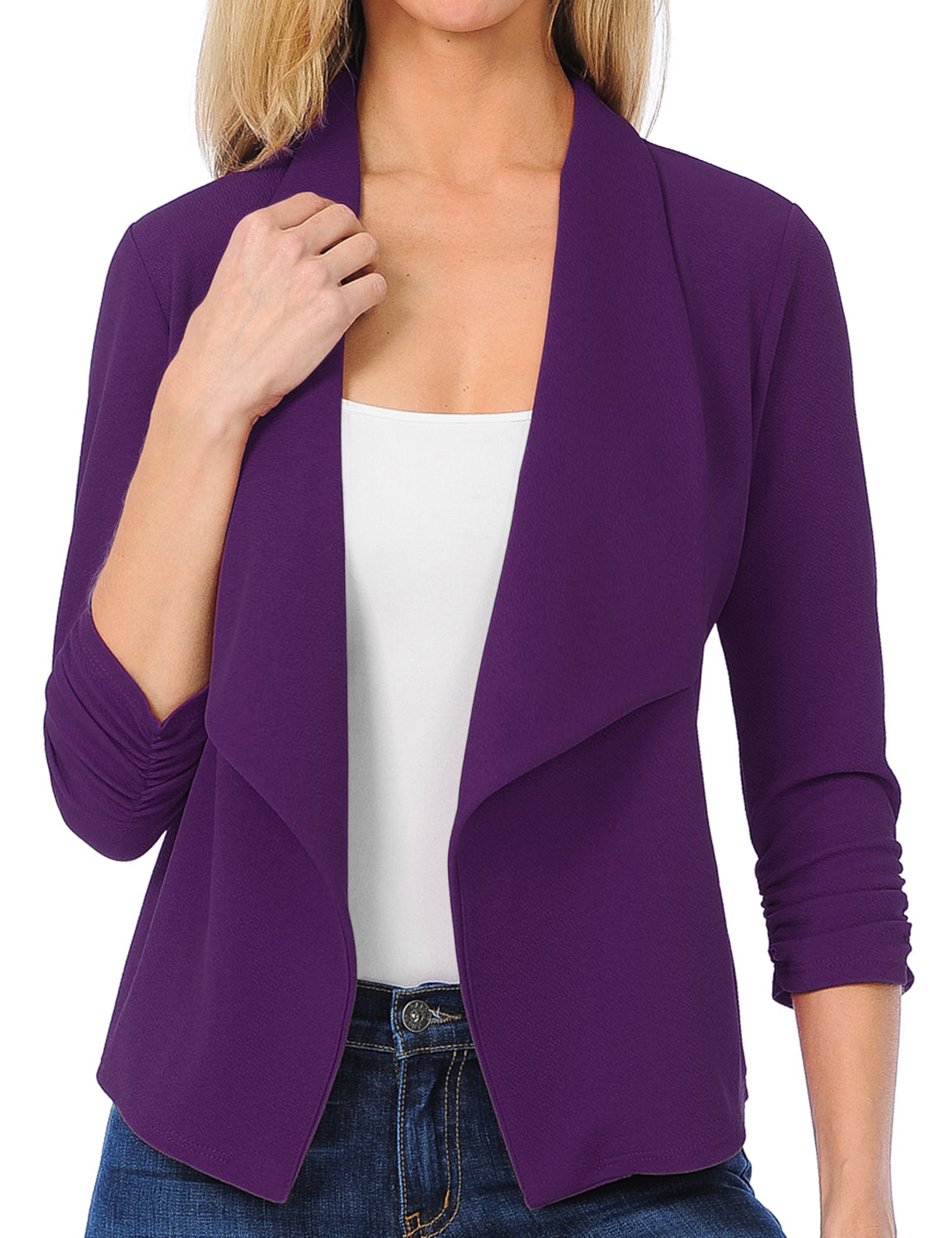 Women's 3/4 Sleeve Blazer Open Front Office Work Cardigan Jacket (S-3XL)