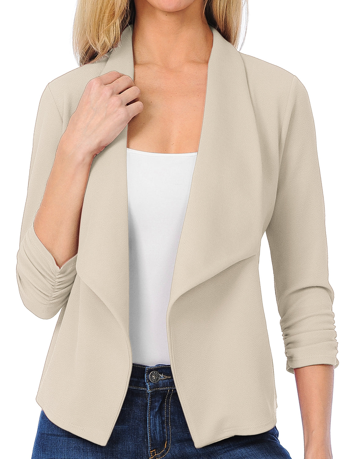 Women's 3/4 Sleeve Blazer Open Front Office Work Cardigan Jacket (S-3XL)