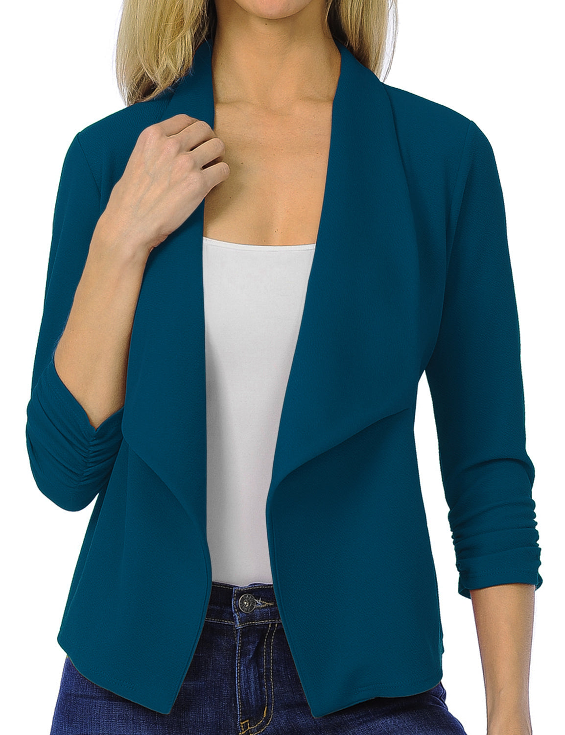 Women's 3/4 Sleeve Blazer Open Front Office Work Cardigan Jacket (S-3XL)