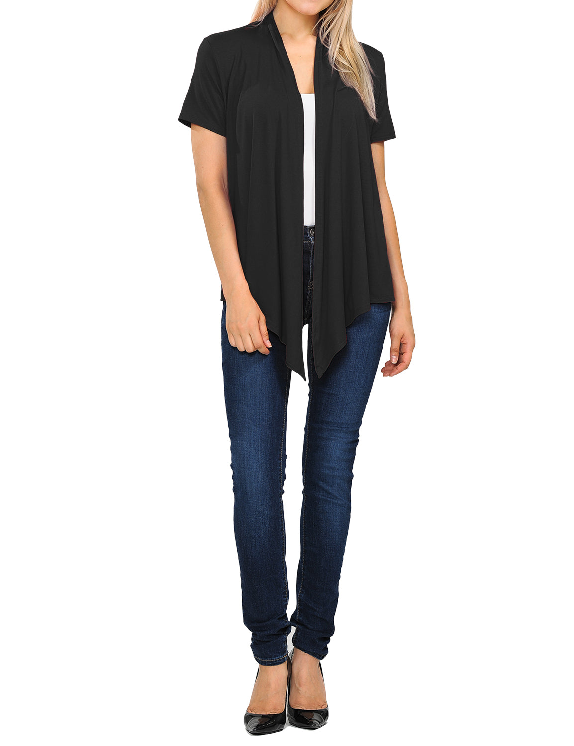 Women's Basic Solid Short Sleeve Open Drape Front Jersey Cardigan (S-3XL)