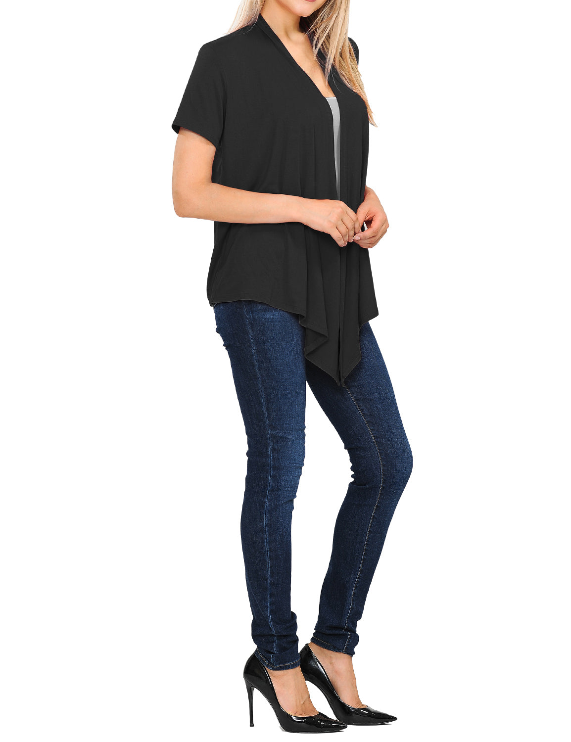 Women's Basic Solid Short Sleeve Open Drape Front Jersey Cardigan (S-3XL)
