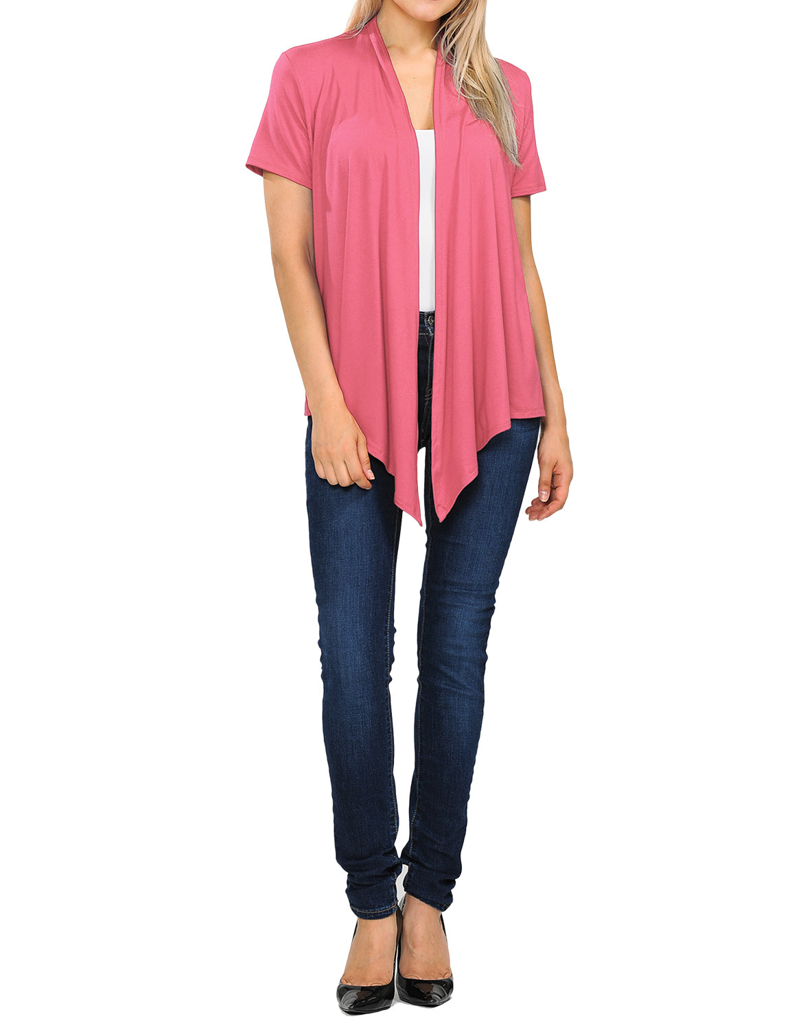Women's Basic Solid Short Sleeve Open Drape Front Jersey Cardigan (S-3XL)