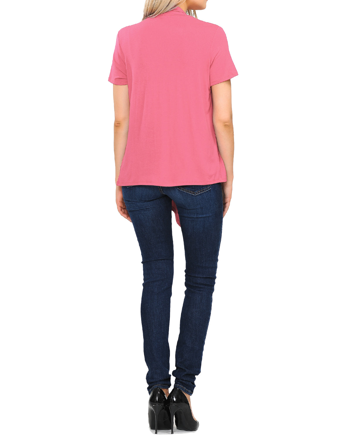 Women's Basic Solid Short Sleeve Open Drape Front Jersey Cardigan (S-3XL)
