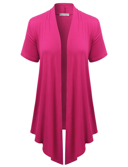 Women's Basic Solid Short Sleeve Open Drape Front Jersey Cardigan (S-3XL)