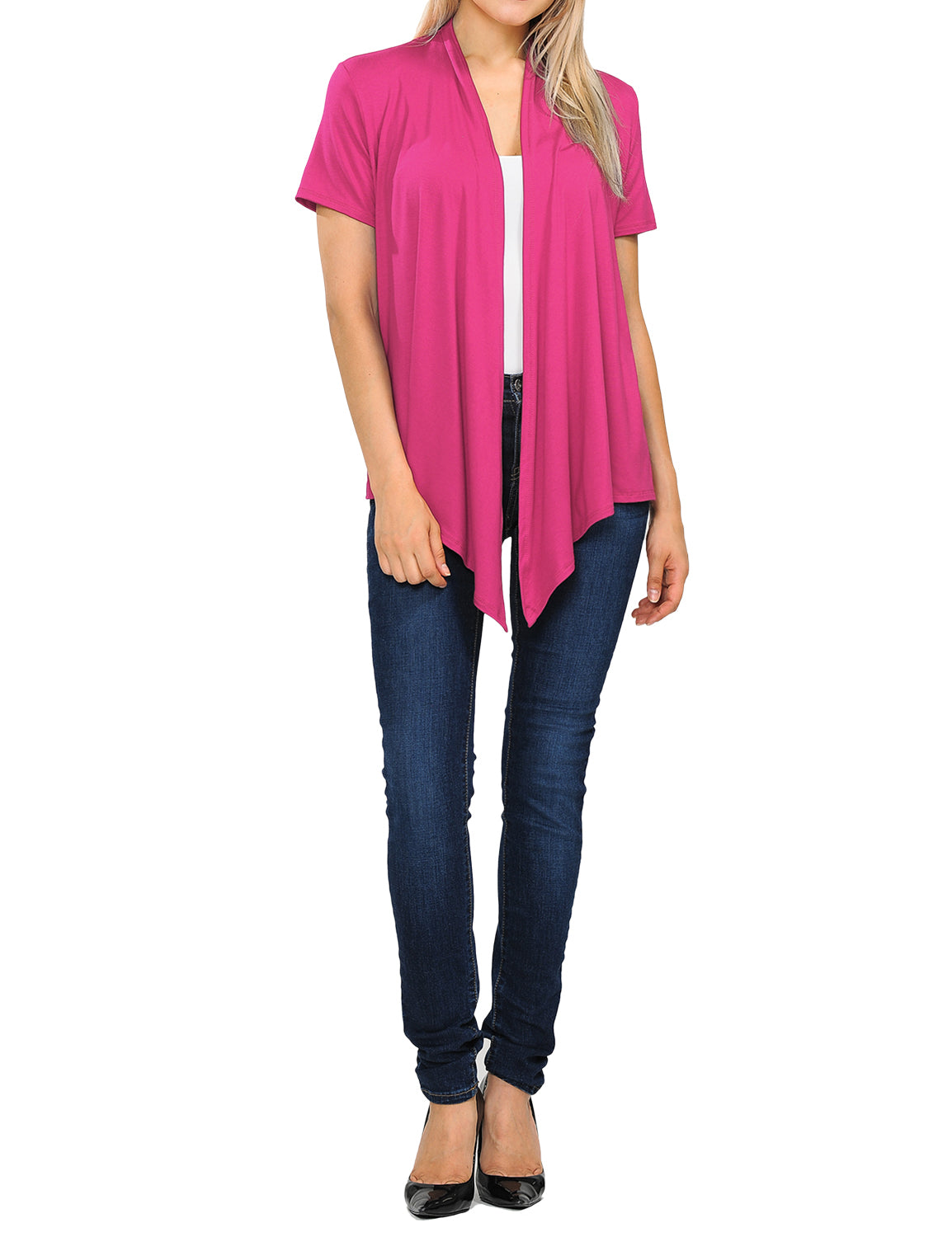 Women's Basic Solid Short Sleeve Open Drape Front Jersey Cardigan (S-3XL)