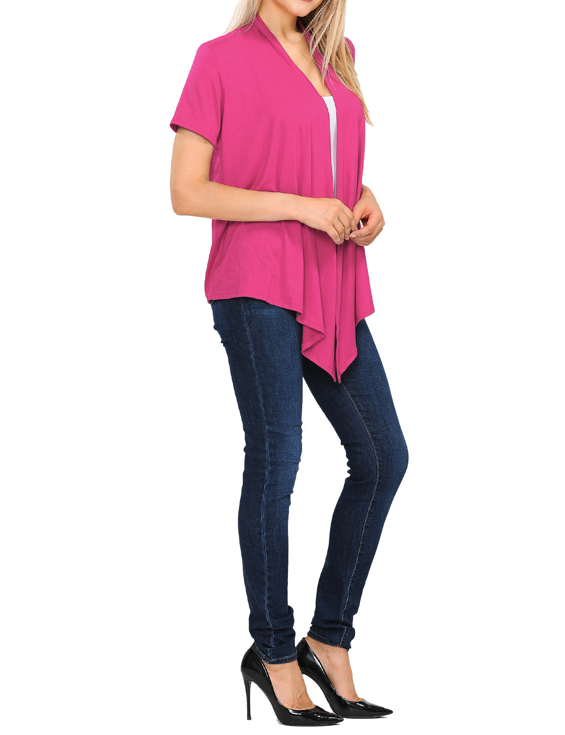 Women's Basic Solid Short Sleeve Open Drape Front Jersey Cardigan (S-3XL)