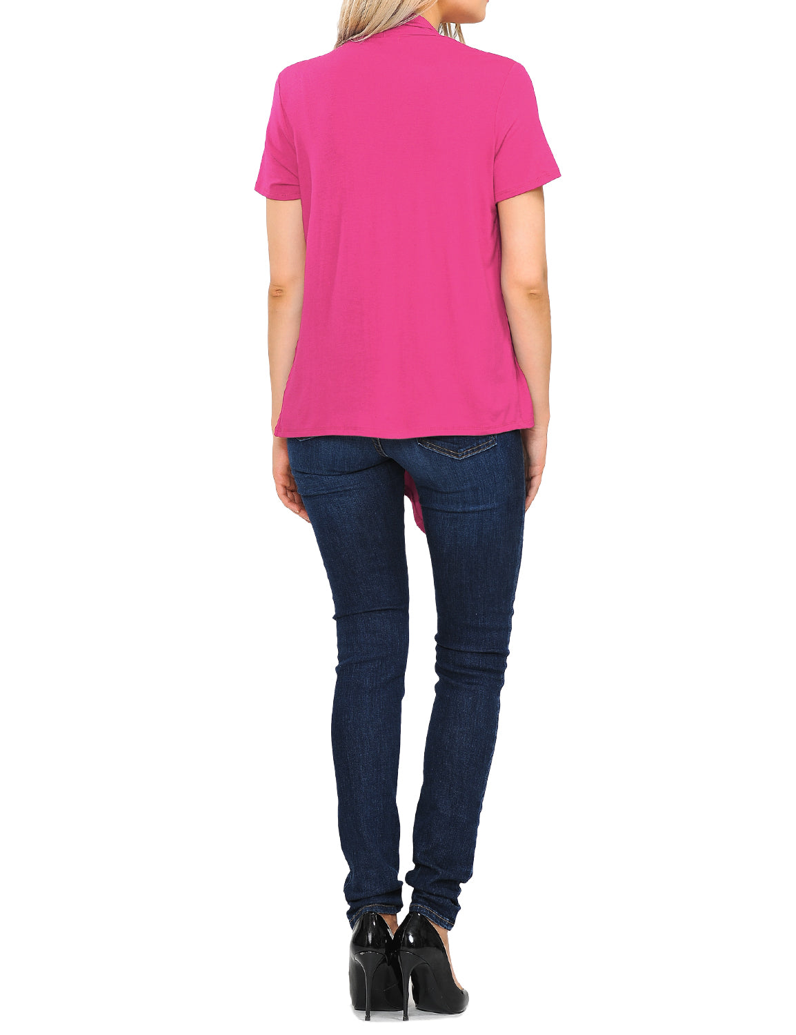 Women's Basic Solid Short Sleeve Open Drape Front Jersey Cardigan (S-3XL)