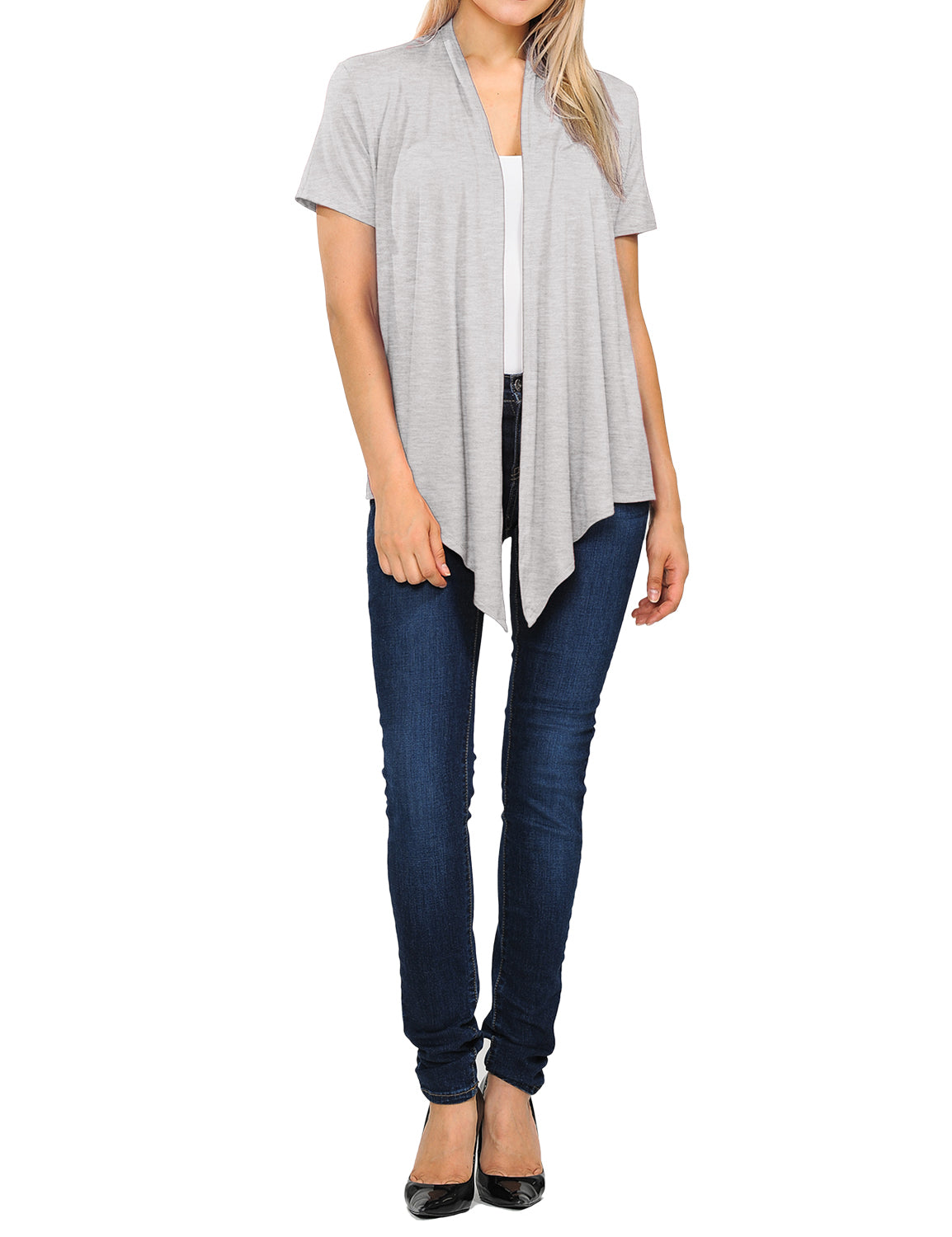 Women's Basic Solid Short Sleeve Open Drape Front Jersey Cardigan (S-3XL)