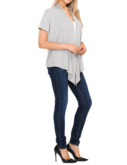 Women's Basic Solid Short Sleeve Open Drape Front Jersey Cardigan (S-3XL)