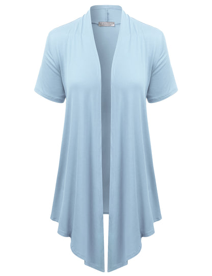 Women's Basic Solid Short Sleeve Open Drape Front Jersey Cardigan (S-3XL)