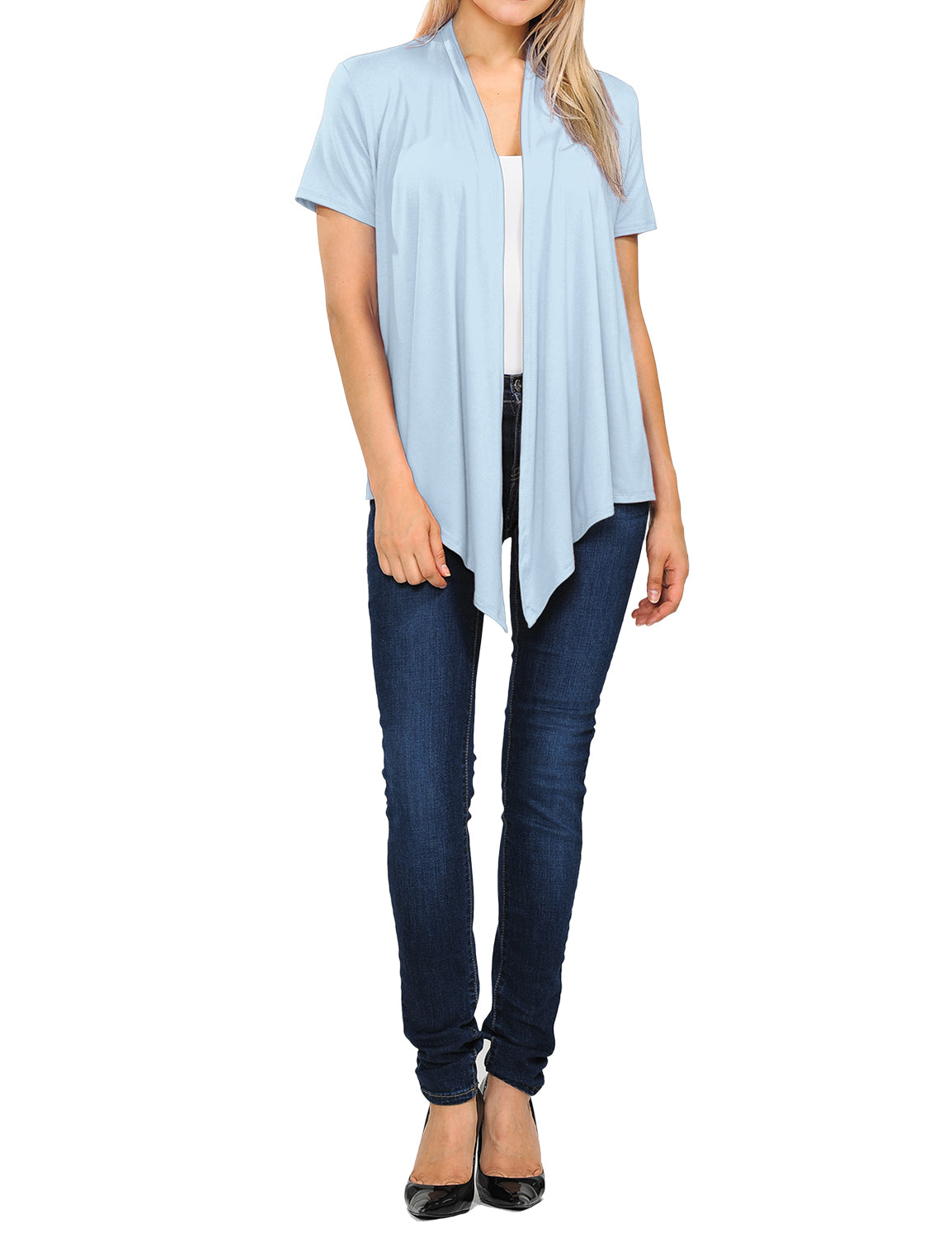 Women's Basic Solid Short Sleeve Open Drape Front Jersey Cardigan (S-3XL)