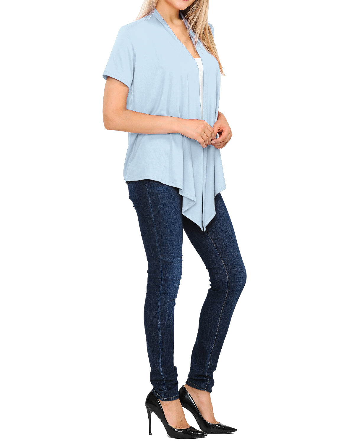 Women's Basic Solid Short Sleeve Open Drape Front Jersey Cardigan (S-3XL)