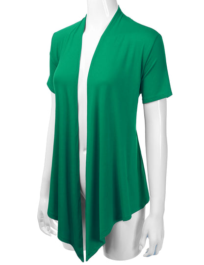 Women's Basic Solid Short Sleeve Open Drape Front Jersey Cardigan (S-3XL)