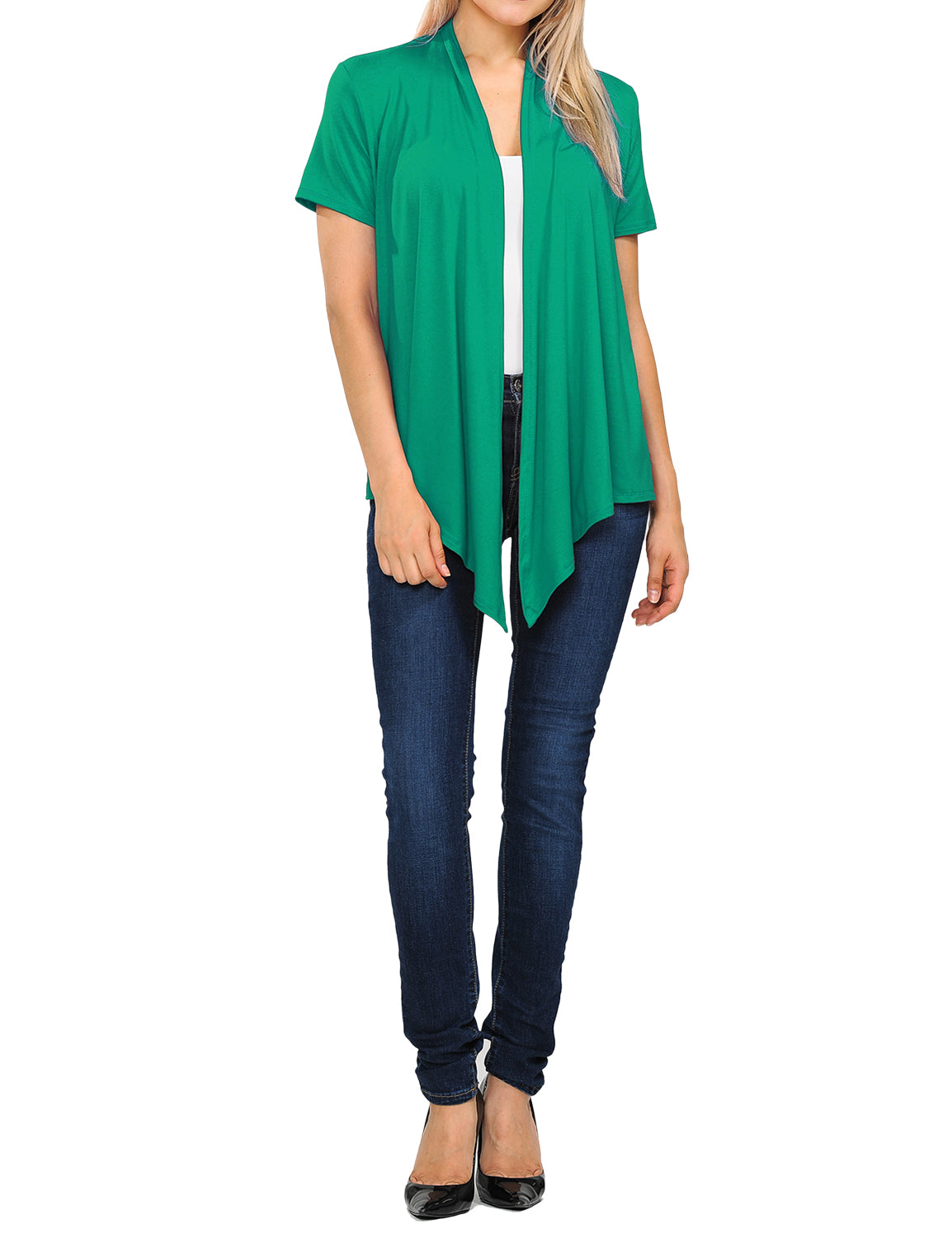 Women's Basic Solid Short Sleeve Open Drape Front Jersey Cardigan (S-3XL)