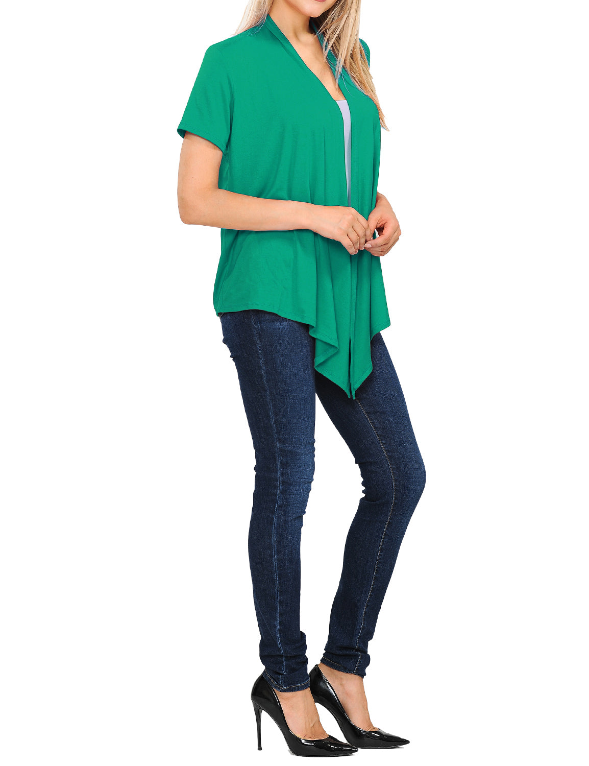 Women's Basic Solid Short Sleeve Open Drape Front Jersey Cardigan (S-3XL)