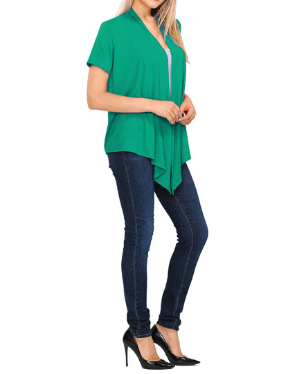 Women's Basic Solid Short Sleeve Open Drape Front Jersey Cardigan (S-3XL)