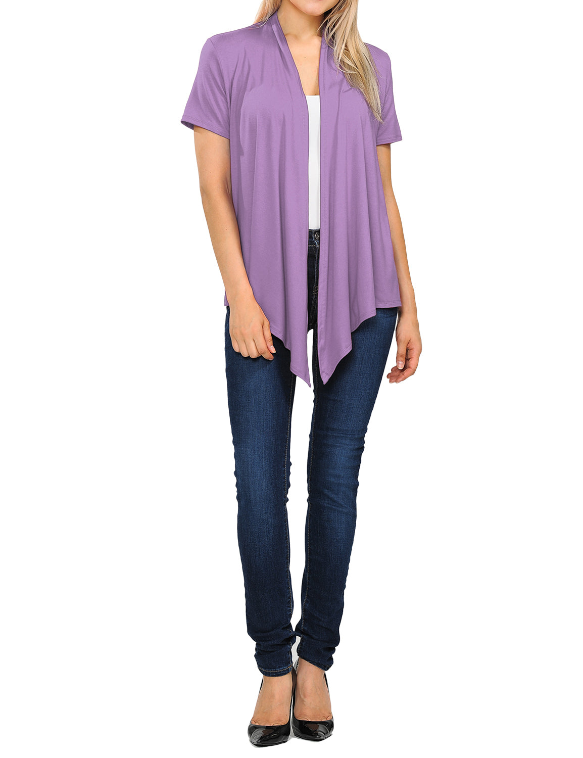 Women's Basic Solid Short Sleeve Open Drape Front Jersey Cardigan (S-3XL)