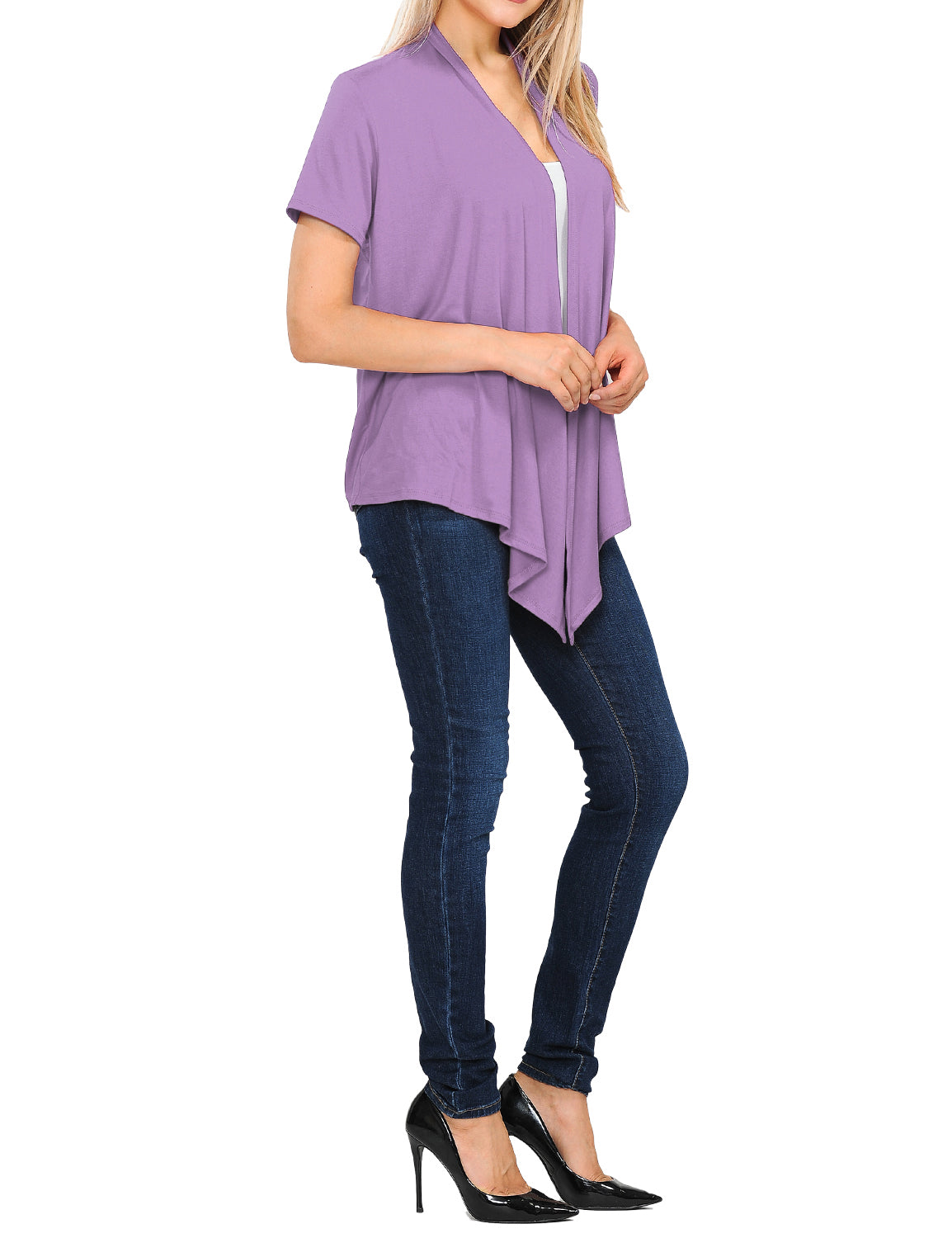 Women's Basic Solid Short Sleeve Open Drape Front Jersey Cardigan (S-3XL)