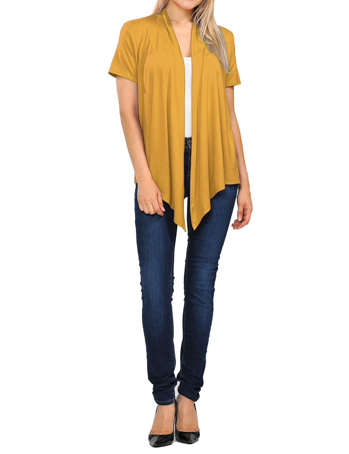 Women's Basic Solid Short Sleeve Open Drape Front Jersey Cardigan (S-3XL)