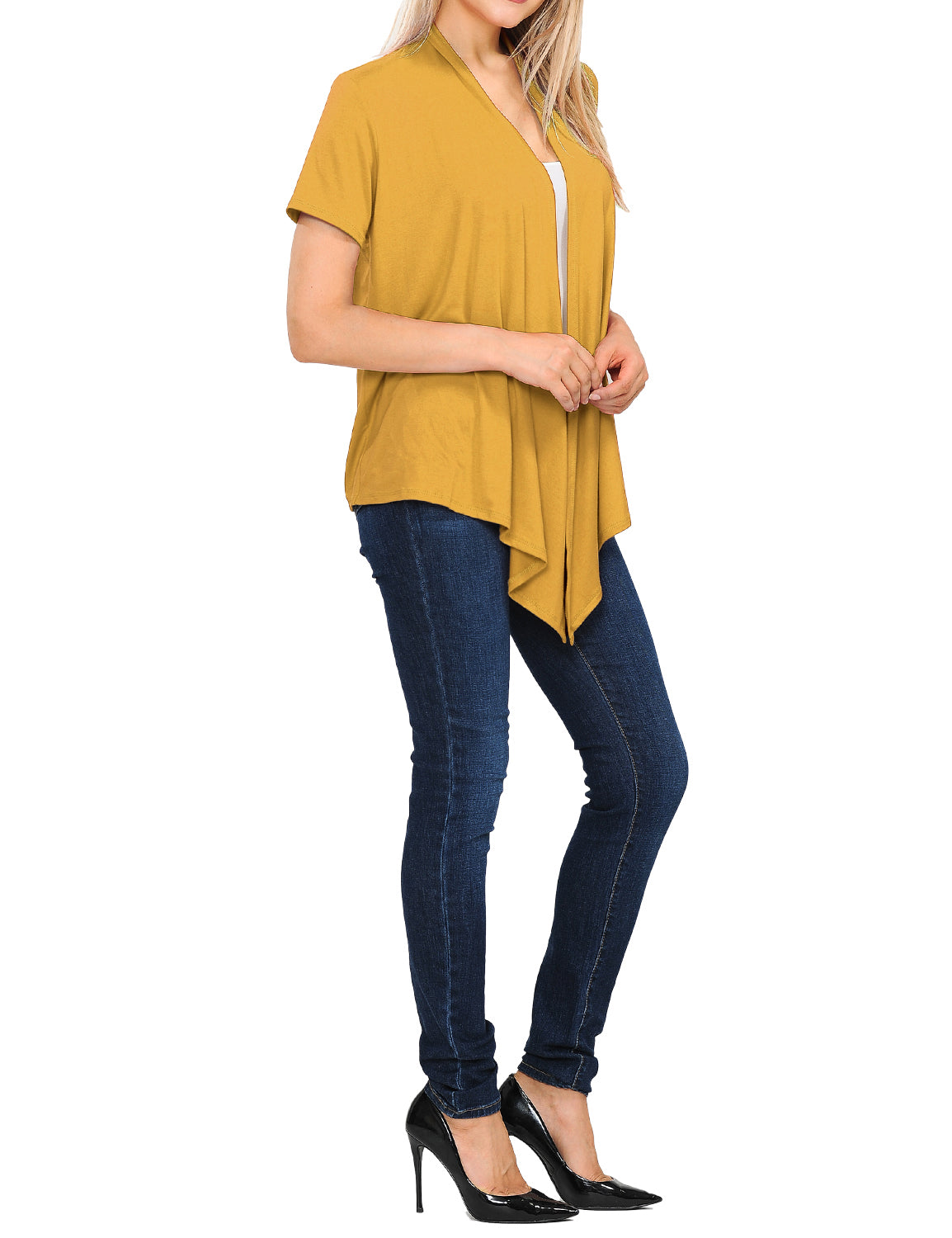 Women's Basic Solid Short Sleeve Open Drape Front Jersey Cardigan (S-3XL)