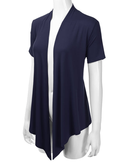 Women's Basic Solid Short Sleeve Open Drape Front Jersey Cardigan (S-3XL)