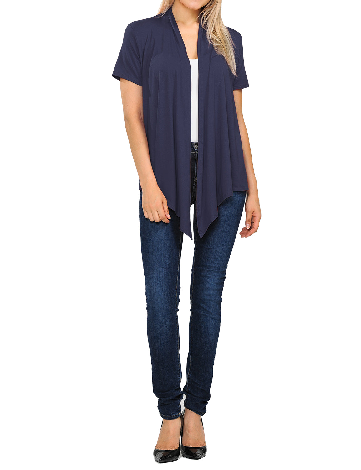 Women's Basic Solid Short Sleeve Open Drape Front Jersey Cardigan (S-3XL)