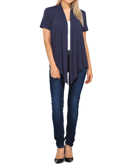 Women's Basic Solid Short Sleeve Open Drape Front Jersey Cardigan (S-3XL)