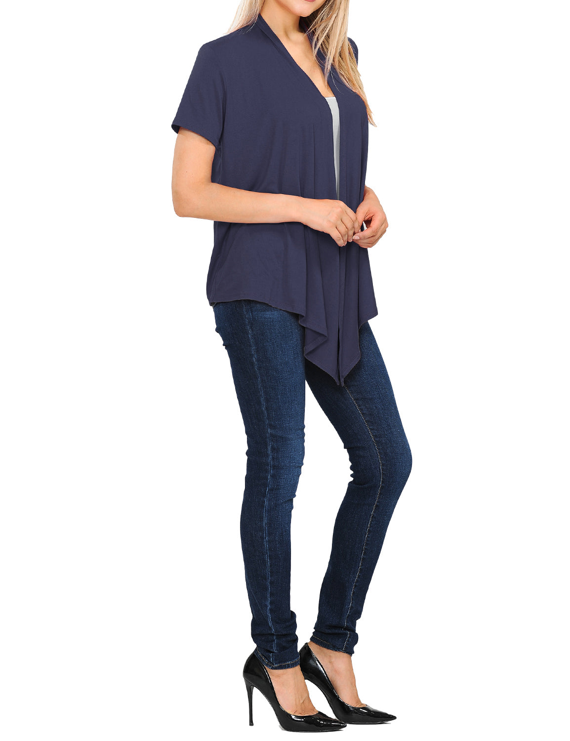 Women's Basic Solid Short Sleeve Open Drape Front Jersey Cardigan (S-3XL)