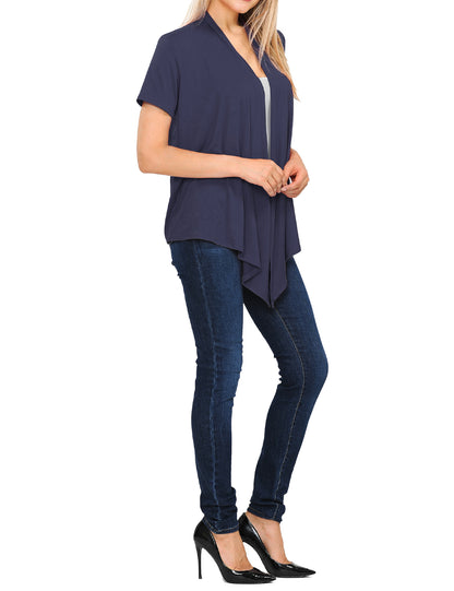 Women's Basic Solid Short Sleeve Open Drape Front Jersey Cardigan (S-3XL)