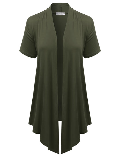 Women's Basic Solid Short Sleeve Open Drape Front Jersey Cardigan (S-3XL)