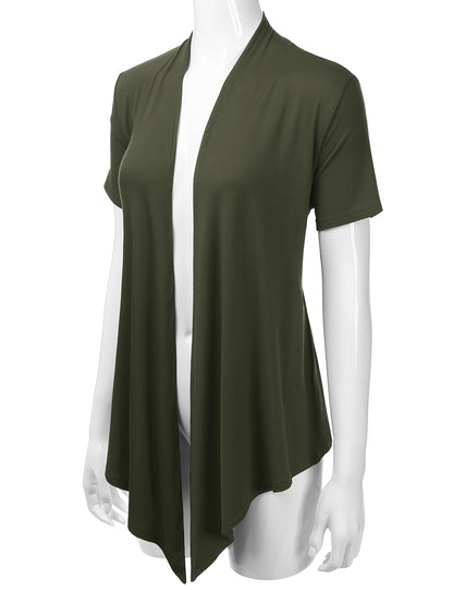 Women's Basic Solid Short Sleeve Open Drape Front Jersey Cardigan (S-3XL)