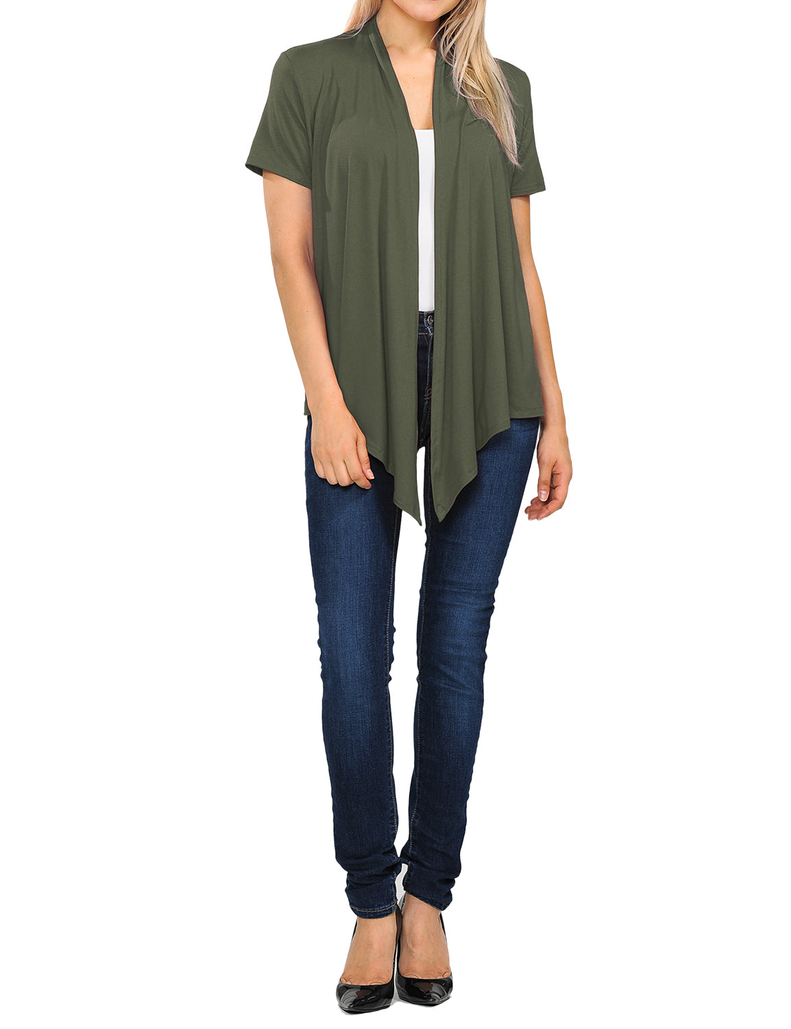 Women's Basic Solid Short Sleeve Open Drape Front Jersey Cardigan (S-3XL)