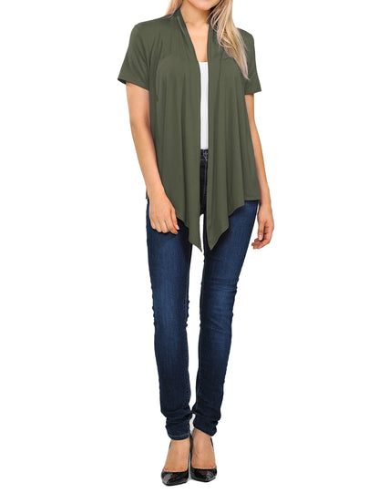Women's Basic Solid Short Sleeve Open Drape Front Jersey Cardigan (S-3XL)