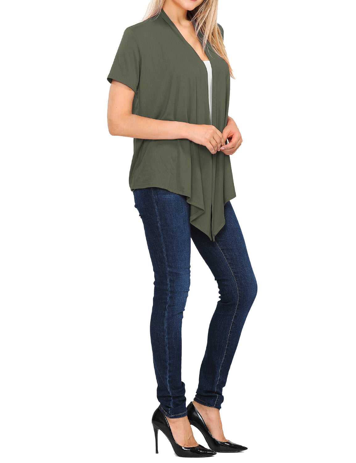 Women's Basic Solid Short Sleeve Open Drape Front Jersey Cardigan (S-3XL)
