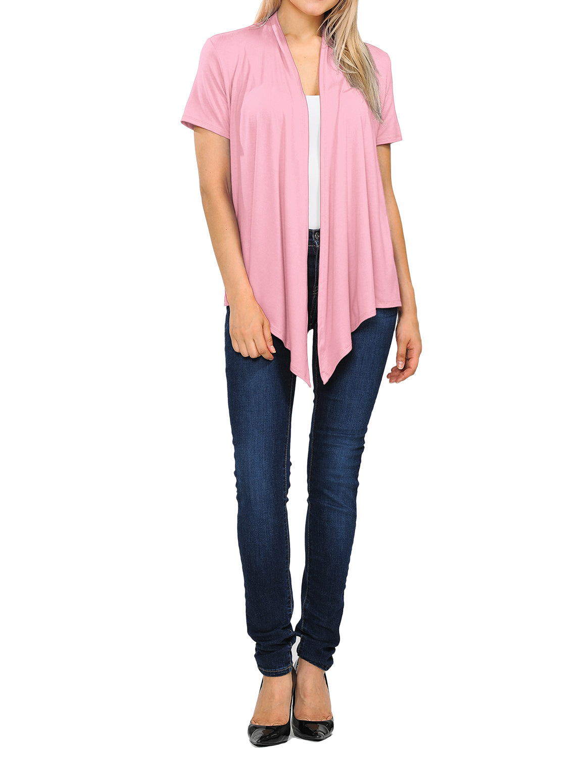 Women's Basic Solid Short Sleeve Open Drape Front Jersey Cardigan (S-3XL)