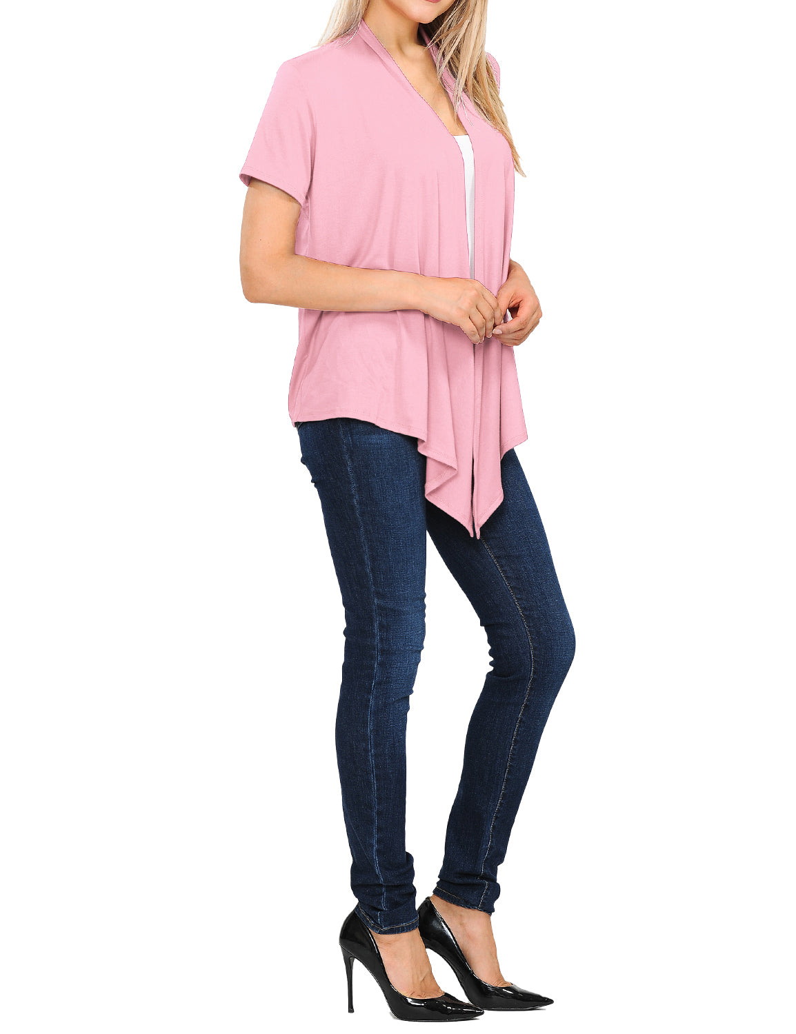 Women's Basic Solid Short Sleeve Open Drape Front Jersey Cardigan (S-3XL)