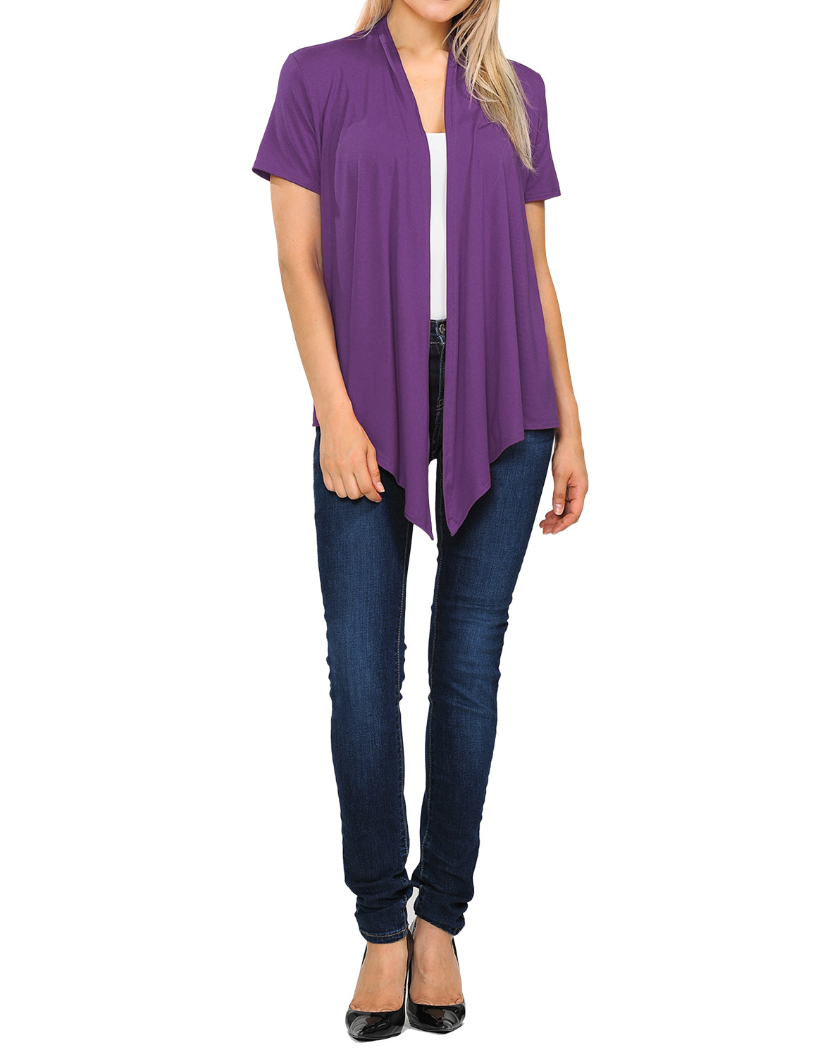 Women's Basic Solid Short Sleeve Open Drape Front Jersey Cardigan (S-3XL)
