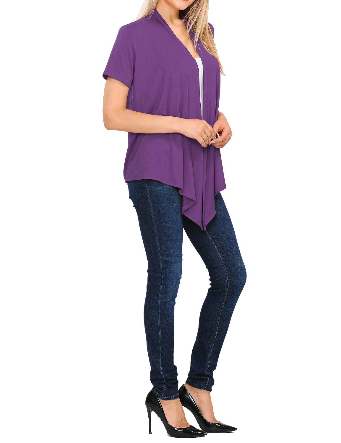 Women's Basic Solid Short Sleeve Open Drape Front Jersey Cardigan (S-3XL)