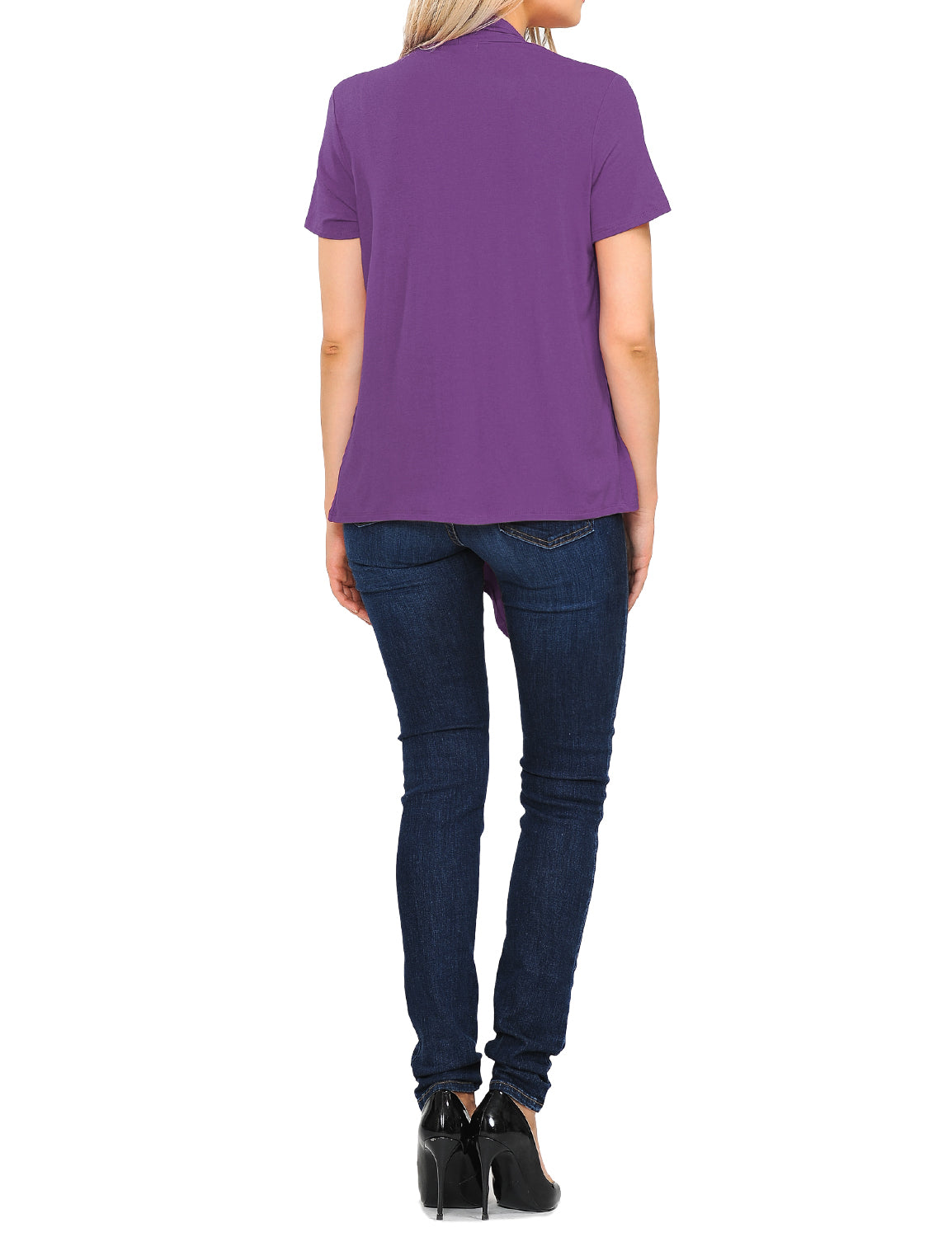 Women's Basic Solid Short Sleeve Open Drape Front Jersey Cardigan (S-3XL)