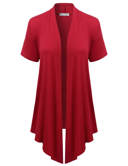 Women's Basic Solid Short Sleeve Open Drape Front Jersey Cardigan (S-3XL)