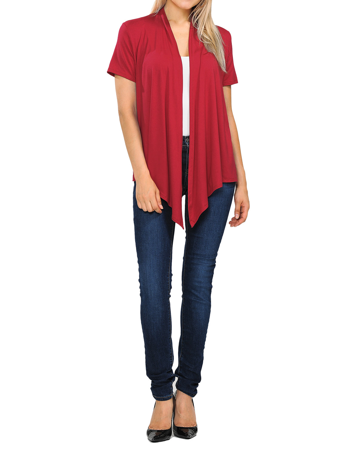 Women's Basic Solid Short Sleeve Open Drape Front Jersey Cardigan (S-3XL)
