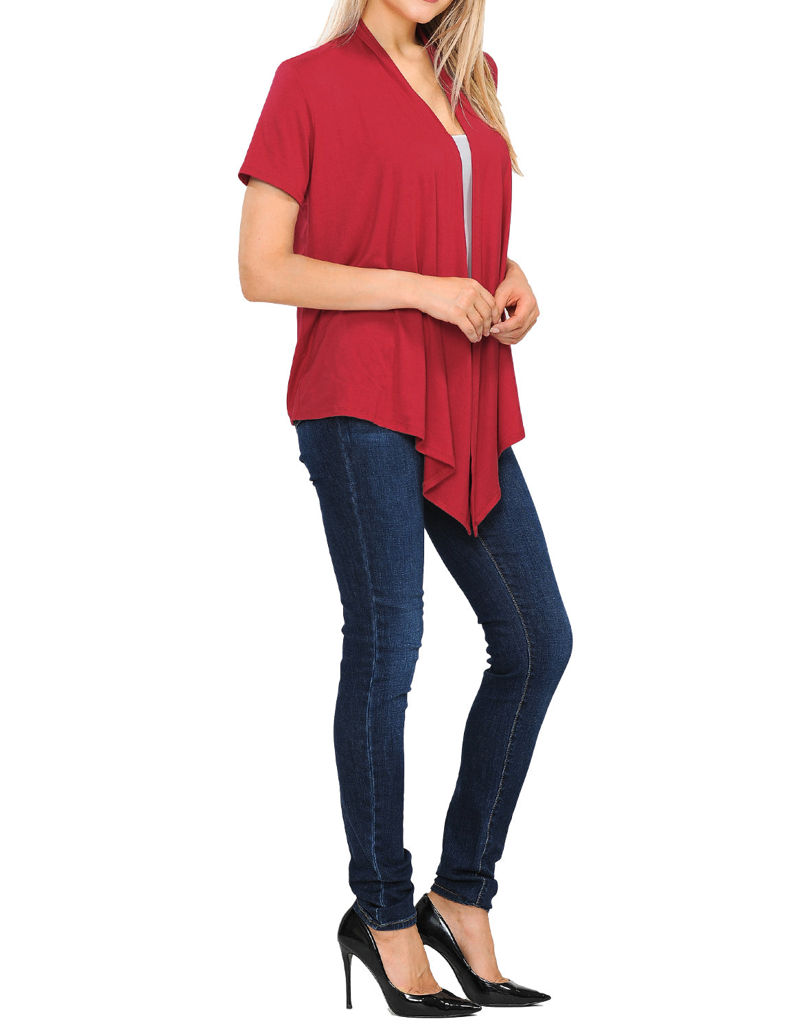 Women's Basic Solid Short Sleeve Open Drape Front Jersey Cardigan (S-3XL)