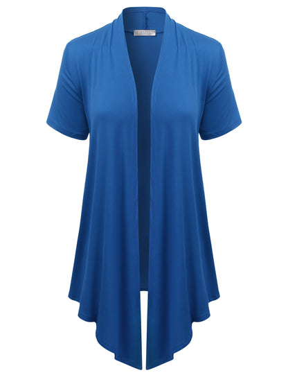 Women's Basic Solid Short Sleeve Open Drape Front Jersey Cardigan (S-3XL)