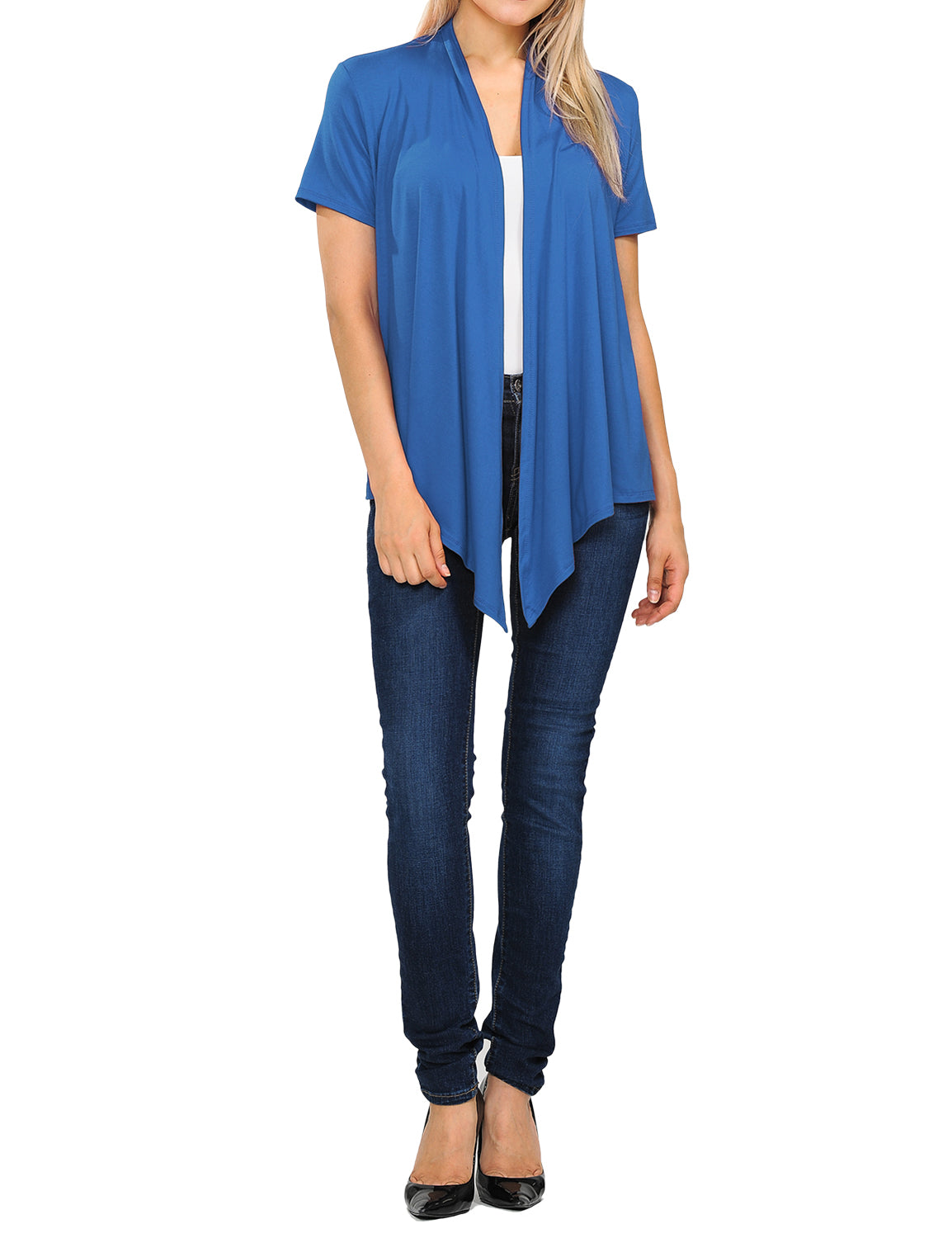 Women's Basic Solid Short Sleeve Open Drape Front Jersey Cardigan (S-3XL)