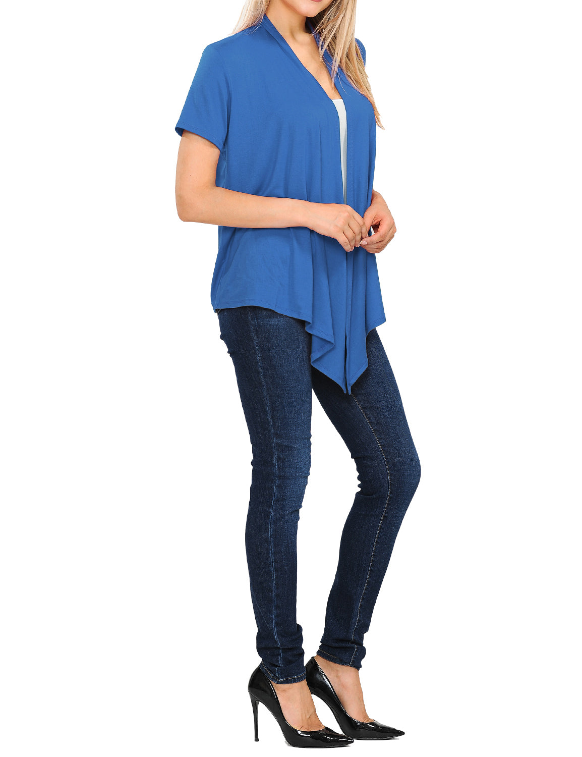 Women's Basic Solid Short Sleeve Open Drape Front Jersey Cardigan (S-3XL)