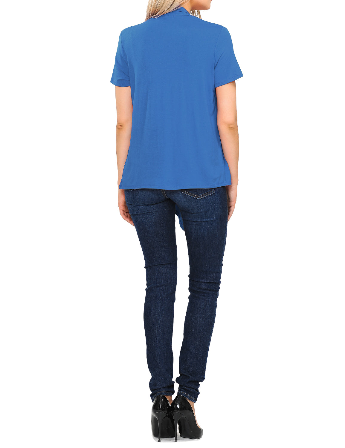 Women's Basic Solid Short Sleeve Open Drape Front Jersey Cardigan (S-3XL)